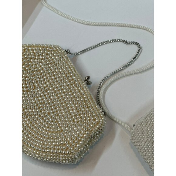 VTG Beaded Evening Clutch Bags Set of 2 White & Cream Floral + Geometric Purses - Picture 5 of 10